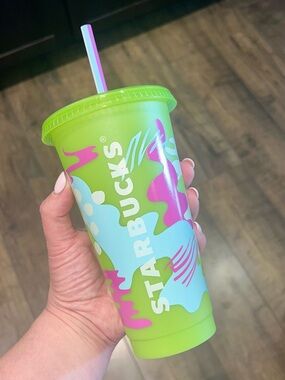 Starbucks Lime Green Cup with Pink & Light Blue Accents